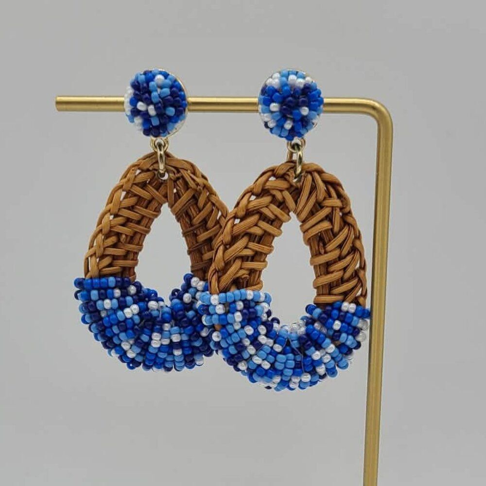 J crew Factory Rattan Drop Earrings with Blue White Beads NWOT!